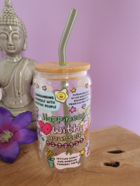 Drinkglas (blikvormige tumbler) met Bamboe deksel en rietje 'Happiness with Yourself''