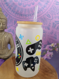 Drinkglas (blikvormige tumbler) met Bamboe deksel en rietje 'Gamer Fuel'