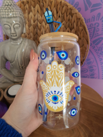 Drinkglas (blikvormige tumbler) met bamboe deksel en rietje 'Evil eye, Hamsa blauw'