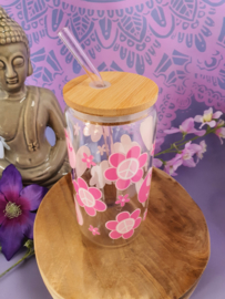 Drinkglas (blikvormige tumbler) met Bamboe deksel en rietje 'Yin Yang / Flower Power'