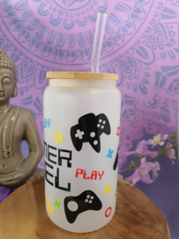 Drinkglas (blikvormige tumbler) met Bamboe deksel en rietje 'Gamer Fuel'