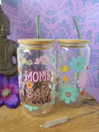 Drinkglas (blikvormige tumbler) met Bamboe deksel en rietje 'Good moms say Bad words'