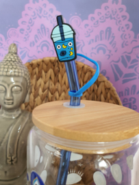 Drinkglas (blikvormige tumbler) met bamboe deksel en rietje 'Evil eye, Hamsa blauw'