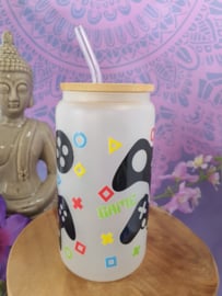 Drinkglas (blikvormige tumbler) met Bamboe deksel en rietje 'Gamer Fuel'