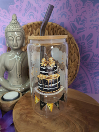 Drinkglas (blikvormige tumbler) met bamboe deksel en rietje 'Happy Birthday'