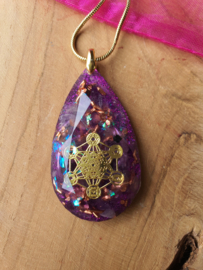 Orgonite hanger Amethist met Bergkristal Diamant druppel 30x50mm 925 gold plated oogje (nr 4)