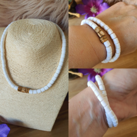 Elastische / rekbare witte (choker) ketting en armband 2 in 1 met Landschap Jaspis kubus kralen (nr 14)