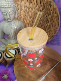 Drinkglas met handvat, bamboe deksel en rietje 'Aardbeien' geel