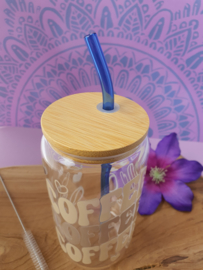 Drinkglas (blikvormige tumbler) met Bamboe deksel en rietje 'Coffee'