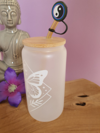 Drinkglas (blikvormige tumbler) met bamboe deksel en rietje 'Vlinder / Maan'