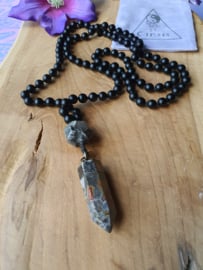 Edelstenen Mala Onyx met Edelsteenhanger Mexicaanse / Crazy Lace Agaat punt 'positive vibrations'