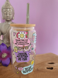 Drinkglas (blikvormige tumbler) met Bamboe deksel en rietje 'Happiness with Yourself''