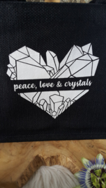 Jute kadotas klein zwart "Peace, love & Crystals"