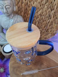 Drinkglas met handvat, bamboe deksel en rietje 'Evil eye, Hamsa, blauw'