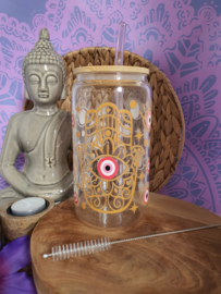 Drinkglas (blikvormige tumbler) met bamboe deksel en rietje 'Evil eye, Hamsa, Rood'