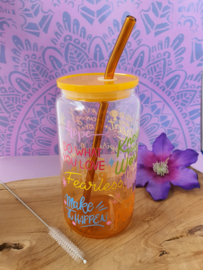 Drinkglas (blikvormige tumbler) met kunststof deksel en rietje 'Positieve spreuken'