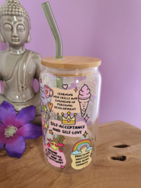 Drinkglas (blikvormige tumbler) met Bamboe deksel en rietje 'Happiness with Yourself''