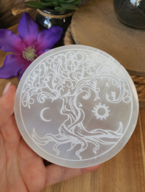 Seleniet plaat rond +/- 11,5 cm levensboom/Tree of life met zon en maan