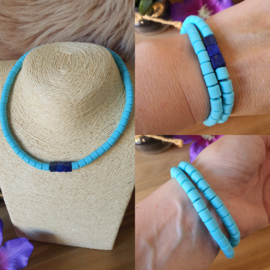 Elastische / rekbare blauw (choker) ketting en armband 2 in 1 met Lapis Lazuli kubus kralen (nr 23)