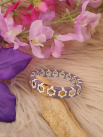 Emaille armband Bloemen paars-grijs/Goud/Wit 17cm (nr 22)