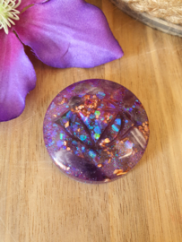 Chakra healing disk orgonite Amethist/Bergkristal. Derde oogchakra. (nr 35)