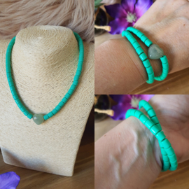 Elastische / rekbare groene (choker) ketting en armband 2 in 1 sieraad met Aventurijn hartje (nr 8)