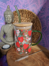 Drinkglas met handvat, bamboe deksel en rietje 'Aardbeien' groen
