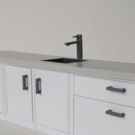 Cabinet with sink and tap and hinge on the left