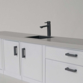 Cabinet with sink and tap and hinge on the right