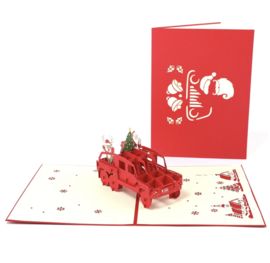 3D popup Kerstkaart Kerstman in Jeep met rendier Pop-up wenskaart