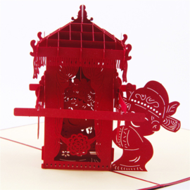 Carte de mariage pop-up en 3D avec une chaise à porteurs rouge classique de la Chine ancienne