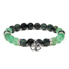 Aventurijn groen en kambaba armband met klavertje-4-bedel