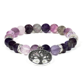 Amethist en fluoriet armband met levensboom bedel