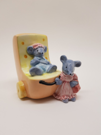 Pram in cheese shape with mice piggy bank
