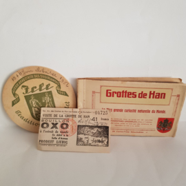 Grottes de Han, 24 briefkaarten, entreebewijs en biervilt uit 1956