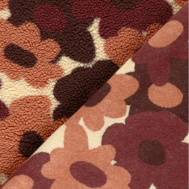 Sherpa Fleece stof bedrukt Ruiten Bloemen Beige