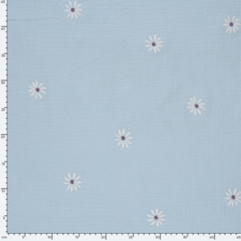 Hydrofiel stof geborduurd Bloemen Babyblauw