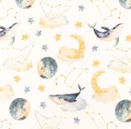 Snoozy fabrics tricot bedrukt Galaxy whales