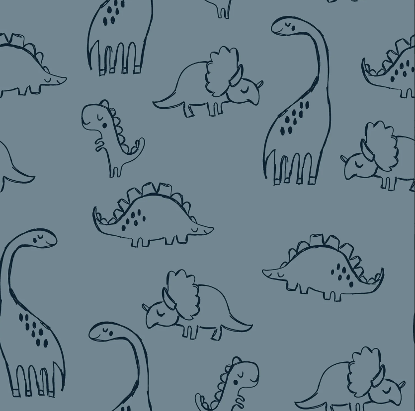 French Terry stof bedrukt Dinosaurussen Indigo