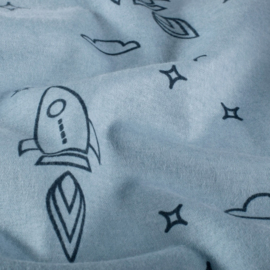 Flanel bedrukt raketten babyblauw