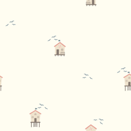 Tricot print Strandhuisje gebroken wit