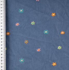 Baby Rib Cord Embroidered Mini Flowers - Jeans