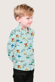 Katoen Poplin bedrukt Voertuigen Babyblauw