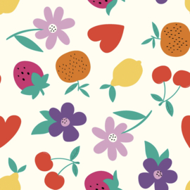 Hydrofiel stof bedrukt Bloemen & Fruit Gebroken wit