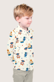 Katoen Poplin bedrukt Robots Gebroken wit