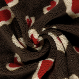 Sherpa Fleece stof bedrukt Harten Donkerbruin