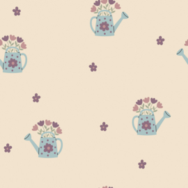 Terry Crêpe stof  gieter met bloemen Beige