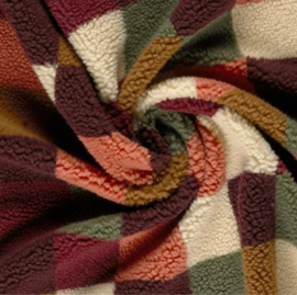 Sherpa Fleece stof bedrukt Ruiten Bordeaux