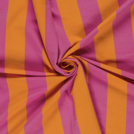 French Terry stof digitaal bedrukt Strepen Fuchsia/Oranje