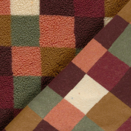 Sherpa Fleece stof bedrukt Ruiten Bordeaux